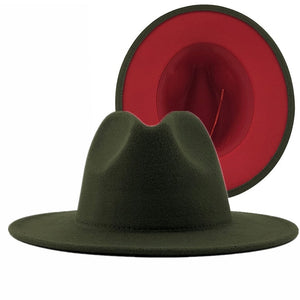 Unisex Outer Army Green Inner Red Wool Felt Jazz Fedora Hats with Thin Belt Buckle Men Women Wide Brim Panama Trilby Cap L XL
