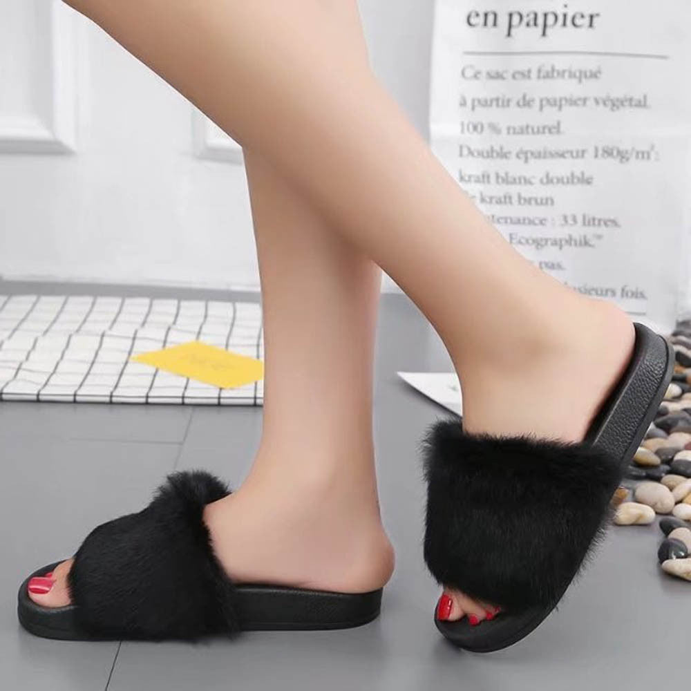 Womens Flat Non-slip Soft Fluffy Faux Fur Flat Slipper Flip Flop Sandal
